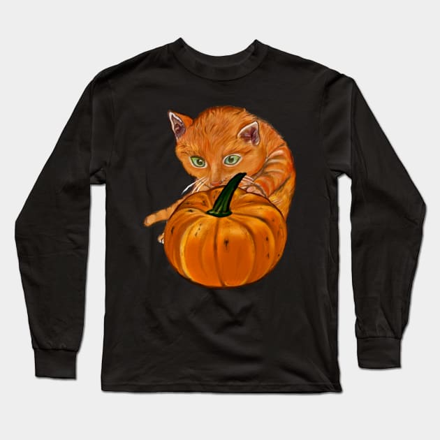 Pumpkin and ginger cat in Autmn Long Sleeve T-Shirt by Artonmytee